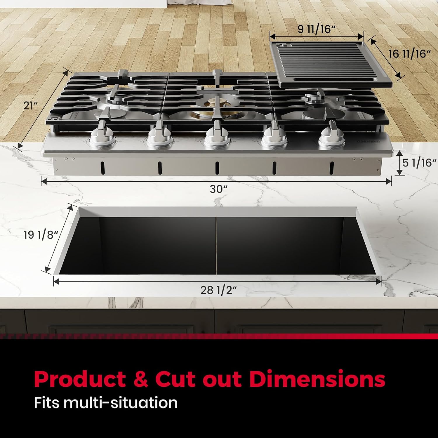 GASLAND Chef Collection 30 Inch Gas Cooktop, GH4305SF 5 Italy Burner Propane Stovetop with Backlit LED Knobs, Dishwasher Safe Grates, Reversible Cast Iron Grill/Griddle, NG/LPG Convertible, 120V