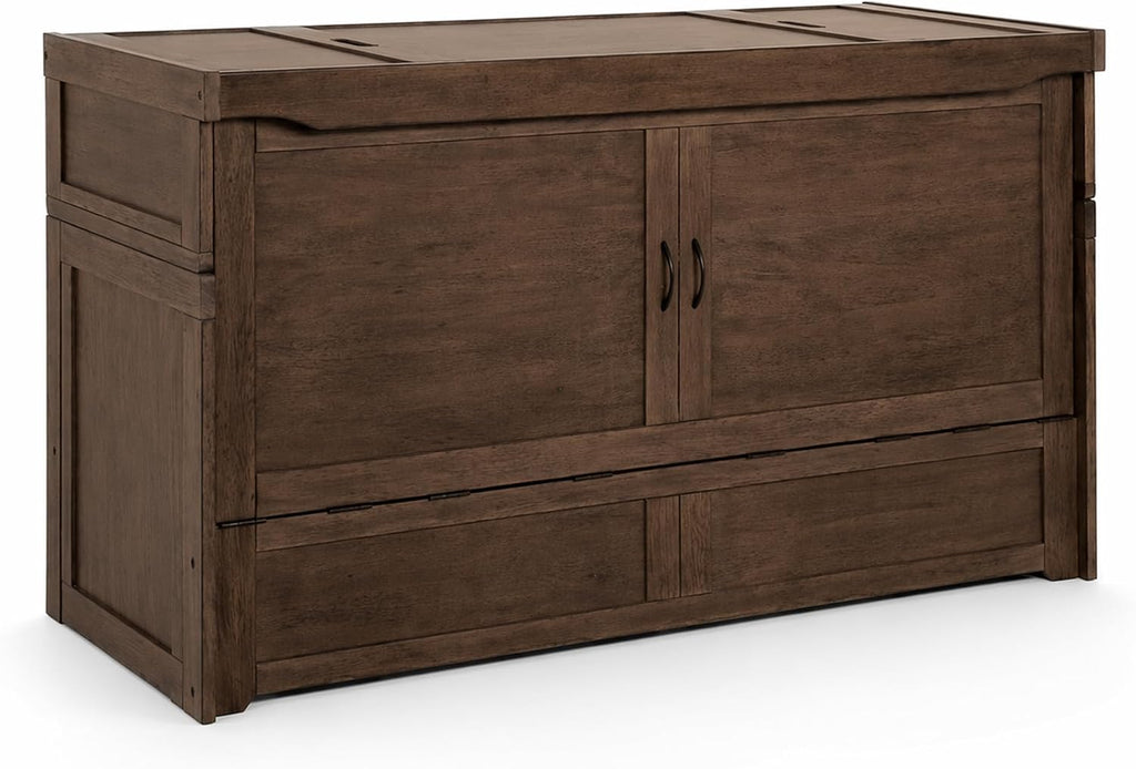 NIGHT & DAY Furniture Murphy Cube Cabinet Bed Queen – Solid Hardwood Fold-Out Space-Saving Portable Cabinet Bed with 6' Gel Memory Foam Mattress – Normandy Brown Finish