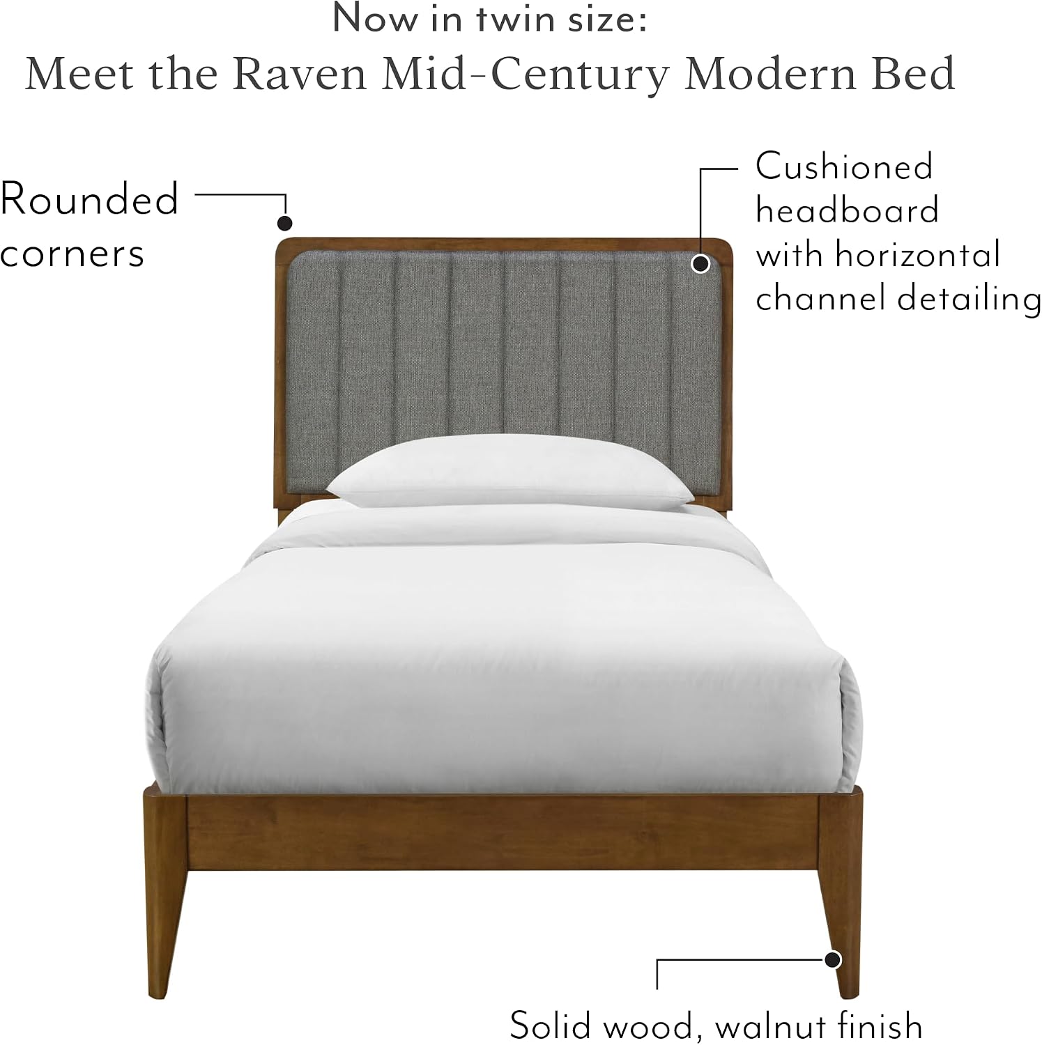 DG Casa Raven Solid Wood Twin Size Bed Frame - Mid Century Modern Style, Platform with Tufted Upholstered Adjustable Height Headboard, No Box Spring Required, Walnut Finish, Brown Fabric