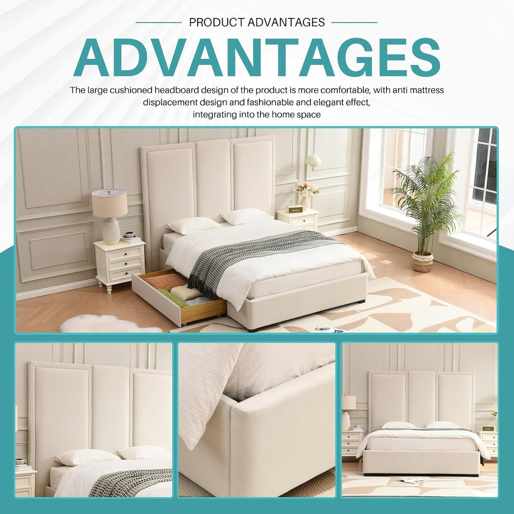 YUHUASHI Queen Size Bed Frame with 64-inch High Headboard, Simple and Airy Linen Upholstered Platform Bed with Storage Drawers, Wood Slat, No Noise (Beige, Queen)