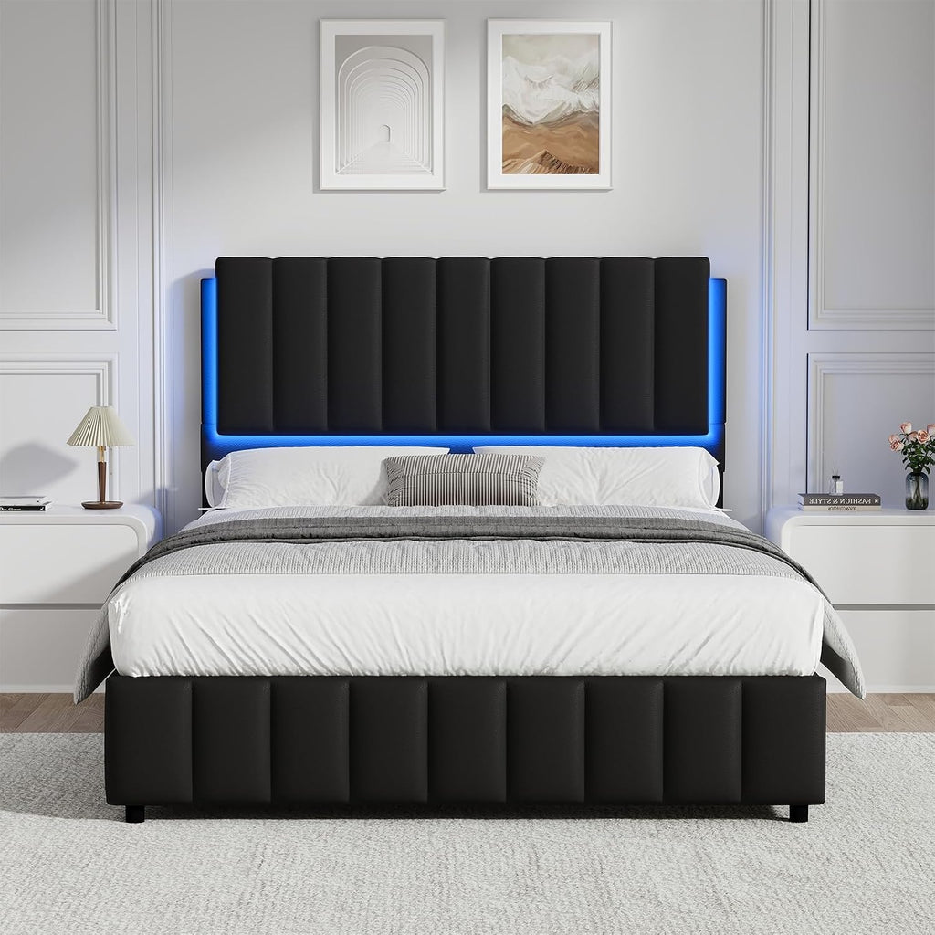 REVOMINCA Full Size Bed Frame with LED Lights, Faux Leather Upholstered Platform Bed with Headboard and Wooden Slats Support, No Box Spring Needed, Noise-Free, Easy Assembly, Black