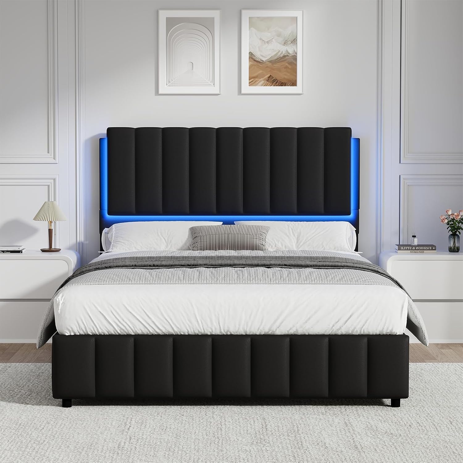 REVOMINCA Full Size Bed Frame with LED Lights, Faux Leather Upholstered Platform Bed with Headboard and Wooden Slats Support, No Box Spring Needed, Noise-Free, Easy Assembly, Black