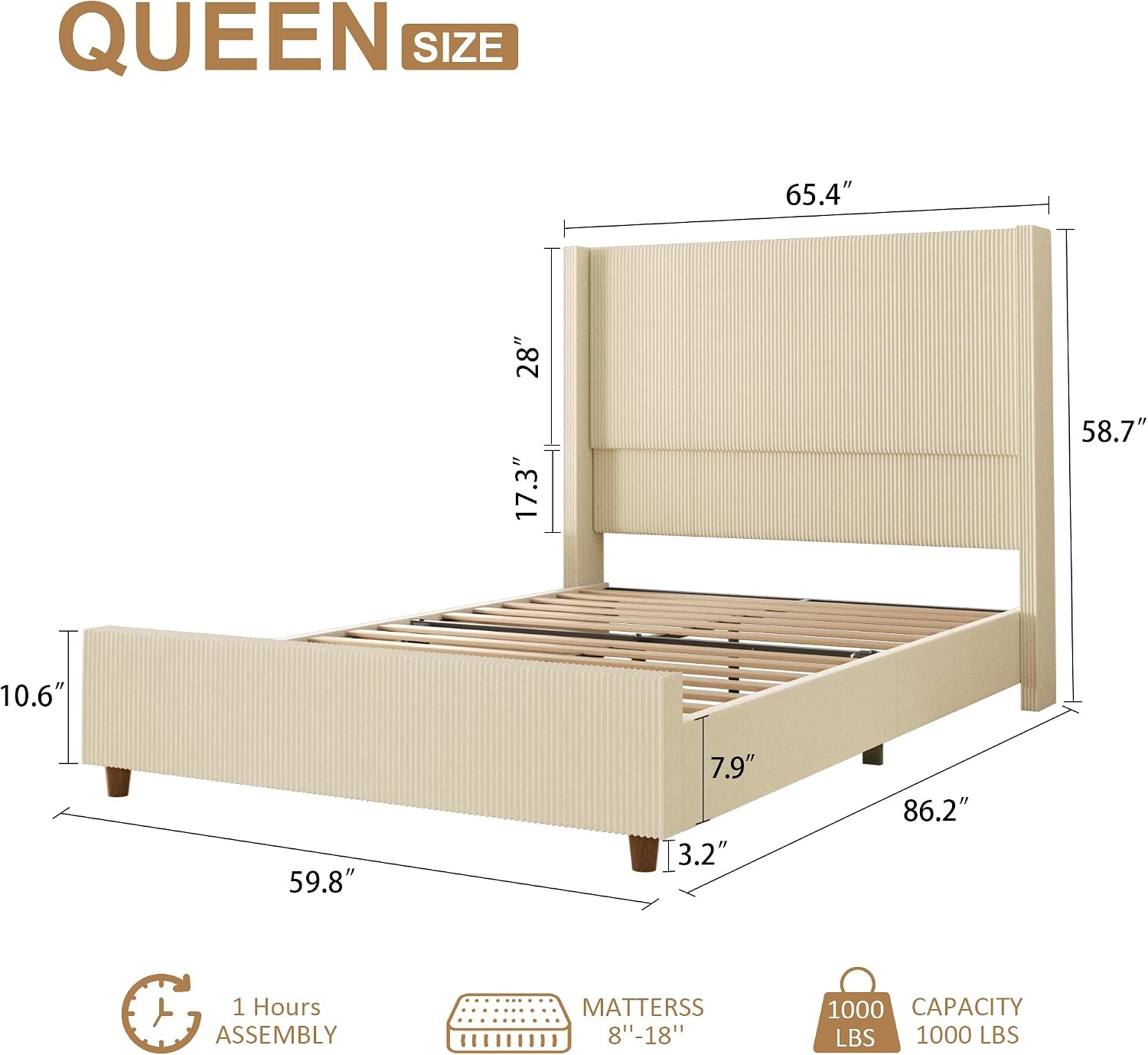 Sismplly 58'' Tall Queen Size Bed Frame with Corduroy Upholstered Platform Bed, Extra Wingback Headboard and Vertical Stripe, Box Spring Option, Solid Wood Slats, Noise Free, Beige