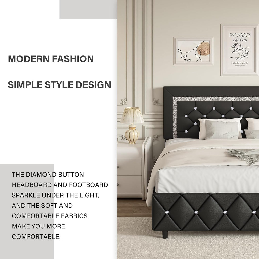 BarnFurin Queen Bed Frame with Headboard, Faux Leather Upholstered Bed with Button Tufted Headboard, Modern Platform Bed Frame with Diamond Design, No Box Spring Required, Easy Assembly, Black
