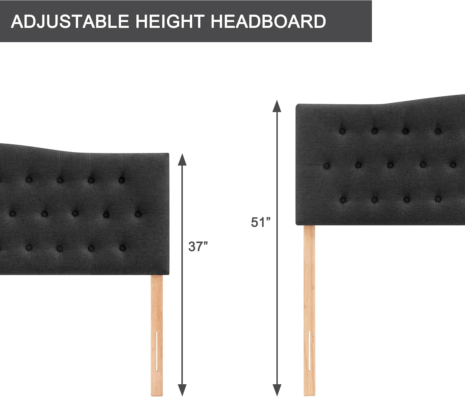 Huatean Home Tufted Upholstered Headboard King Size, Sturdy and Durable Solid Wood Bed headboard, Fabric Headboard Adjustable Height from 37' to 51', Modern Button Diamond Design Head Board, Black