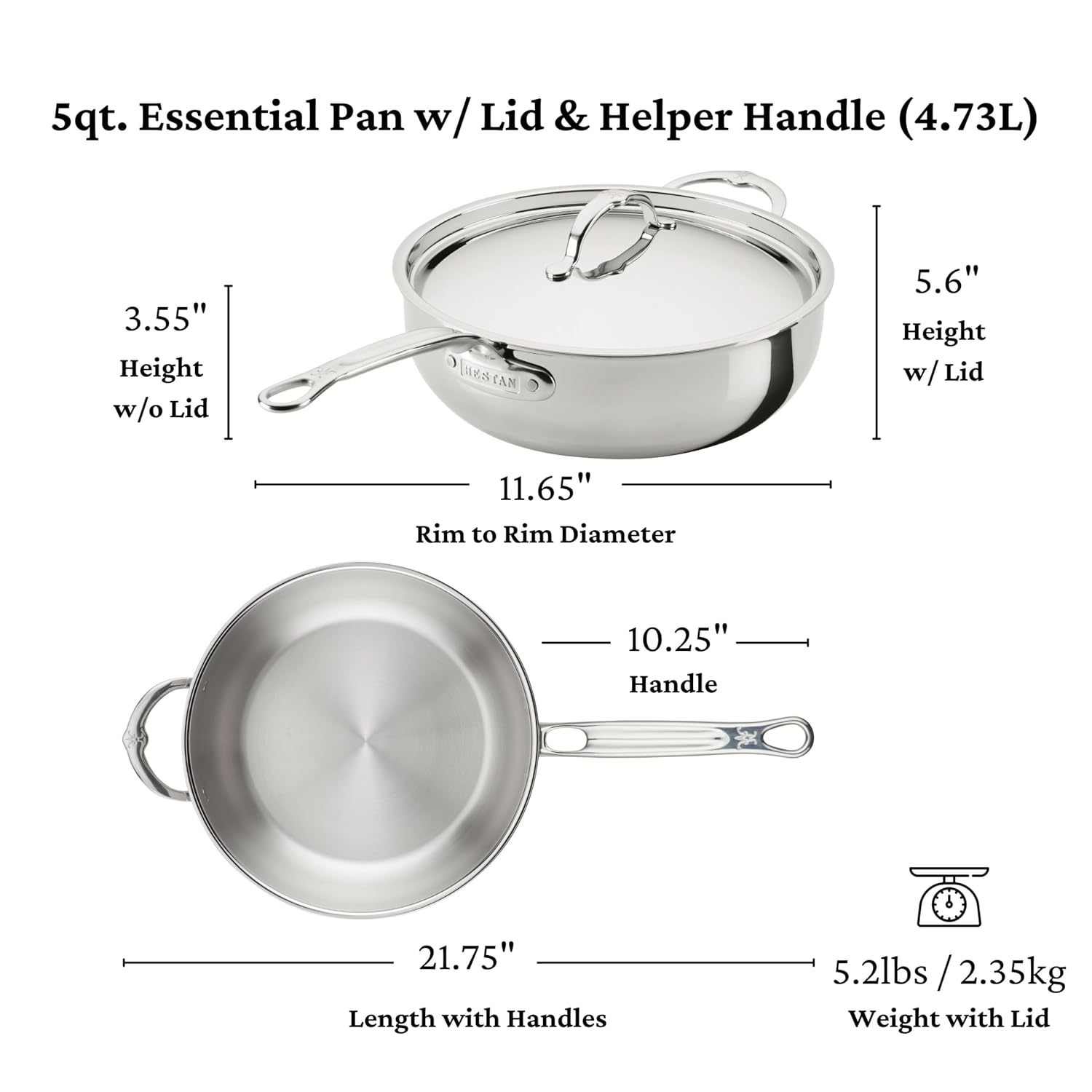 Hestan ProBond Luxe 5-Quart Essential Pan with Lid, Professional Clad Stainless Steel, ProCore Tri-Ply Clad Construction, Polished Exterior, Induction & Oven Safe