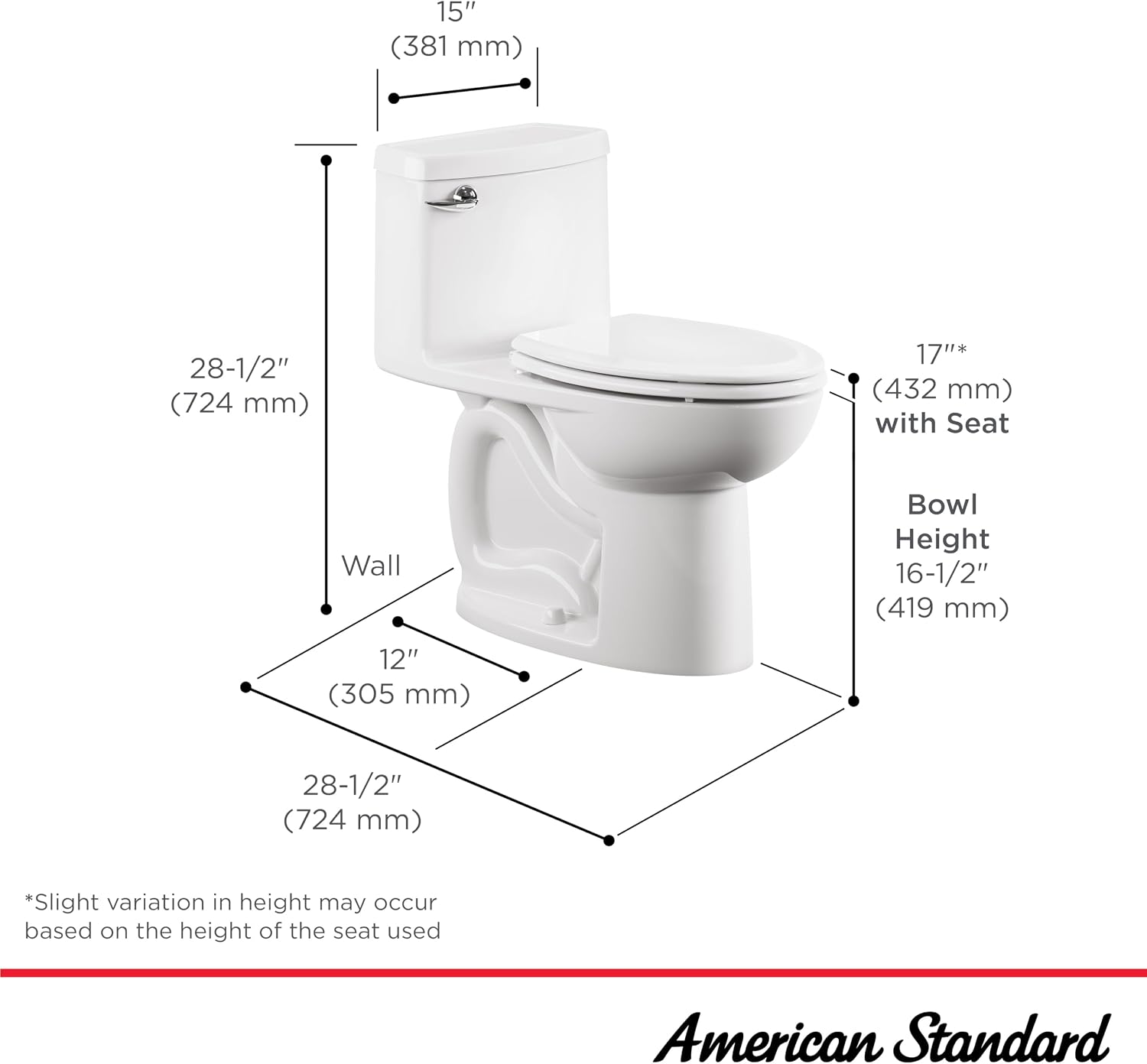 American Standard 612AA001.020 Compact Cadet 3, One-Piece Toilet with Slow-Close Seat and Wax Ring, Elongated Front, Left-Hand Flush, One Piece Toilets, White, 1.28 gpf
