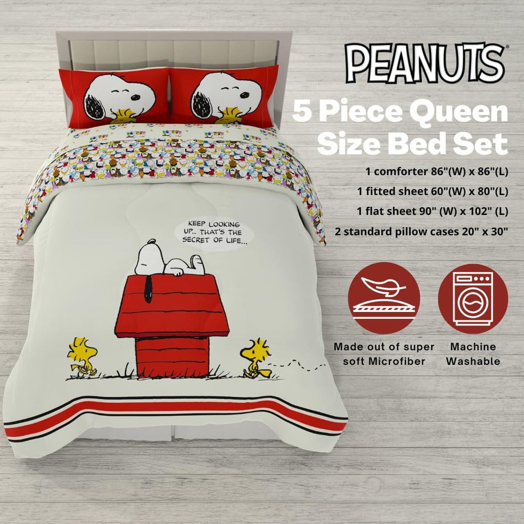 Franco Peanuts & Snoopy Classic Pals Super Soft Comforter and Sheet Set, 5 Piece Queen Size, (Official Licensed Product) Collectibles