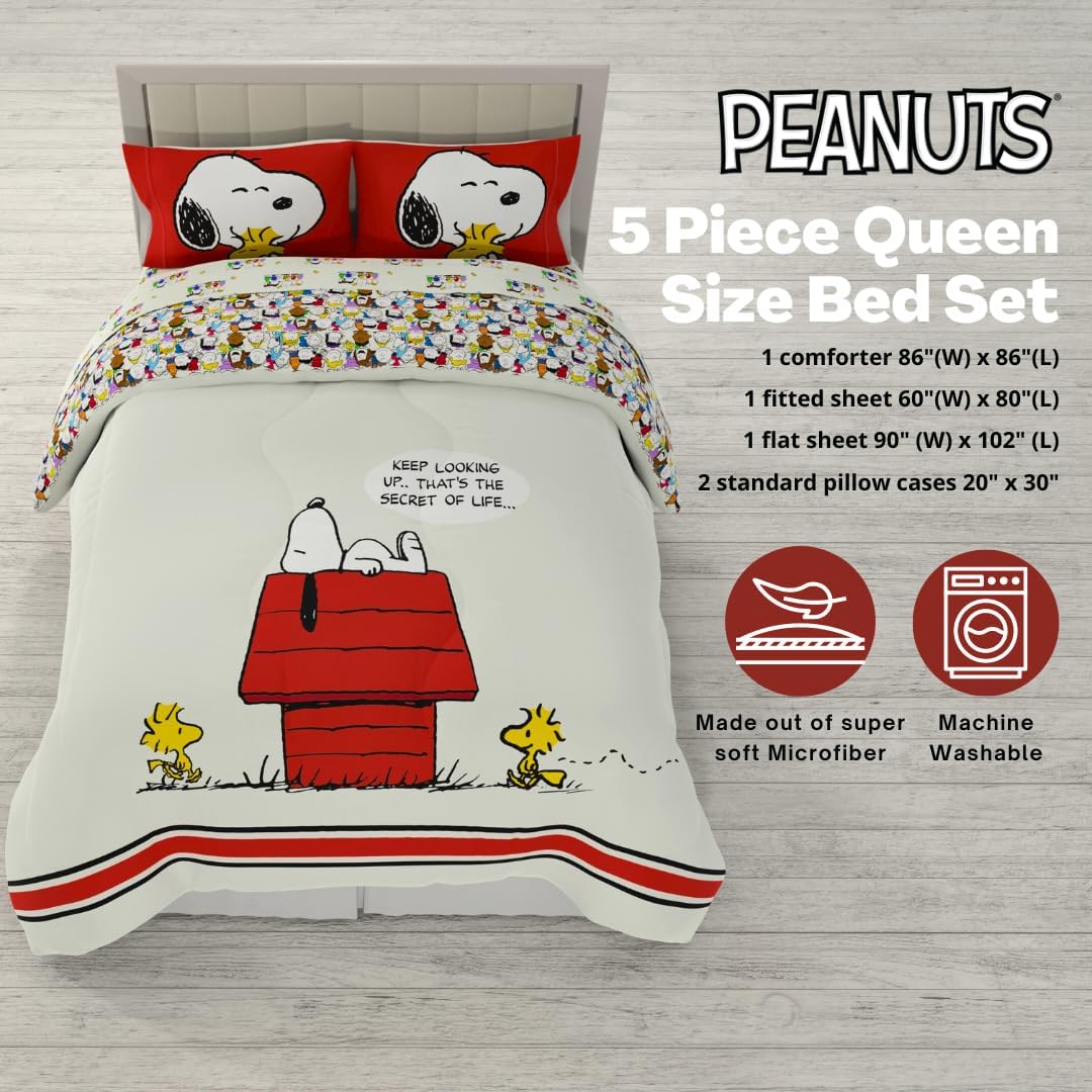 Franco Peanuts & Snoopy Classic Pals Super Soft Comforter and Sheet Set, 5 Piece Queen Size, (Official Licensed Product) Collectibles