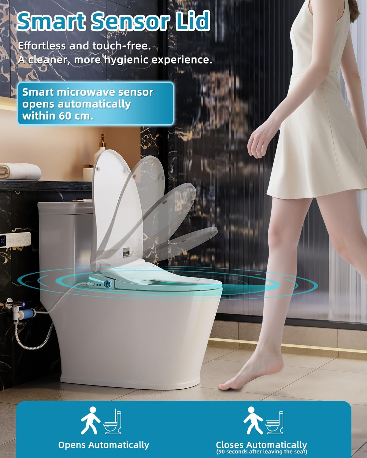 Sanyipace Bidet Toilet Seat, Elongated Electric Smart Heated Toilet Seat with Warm Water & Dryer, Self-Clean Nozzle, Night Light, Soft-Close Automatic Lid, Aromatherapy Function (White LED)
