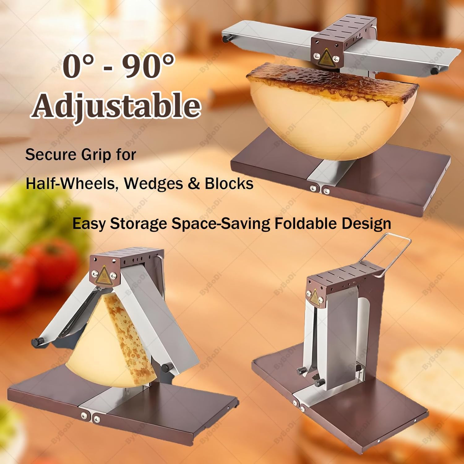 Multi-Function Electric Raclette Cheese Melter,Commercial Cheese Melter Machine,1000W Dual Heating for Half Round, Blocks & Wedges,0-90° Adjustable Foldable Electric Melt Station