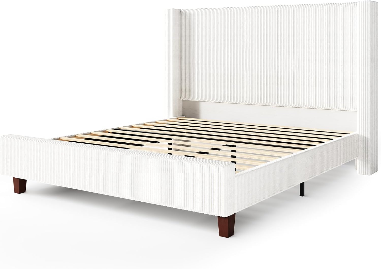 VanAcc Queen Size Platform Bed Frame, 50.8' Corduroy Upholstered Bed with Vertical Channel Tufted Headboard/Wooden Slats/Wingback/No Box Spring Required/White