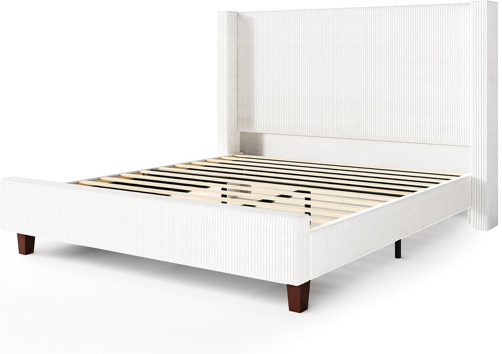 VanAcc California King Size Platform Bed Frame, 50.8' Corduroy Upholstered Bed with Vertical Channel Tufted Headboard/Wooden Slats/Wingback/No Box Spring Required/White