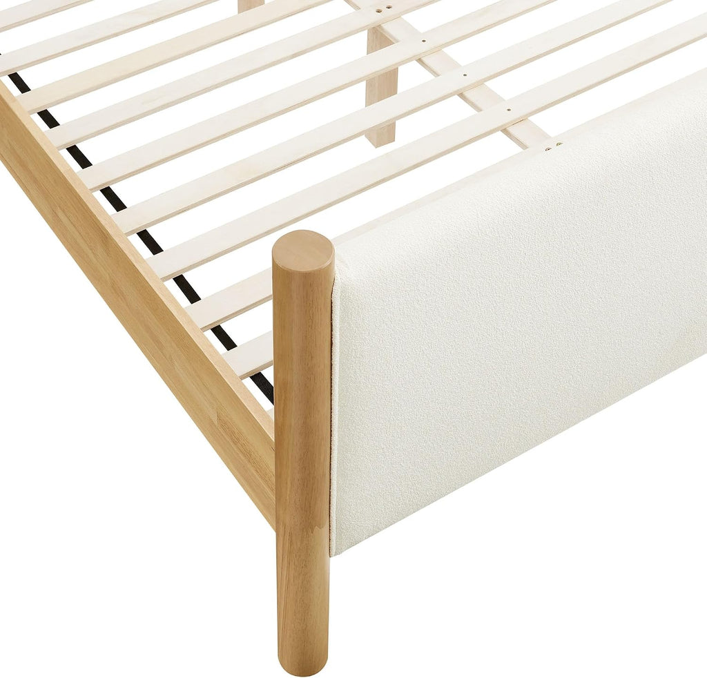 Modway Maven King Size Bed Frame in Feather Oak with Upholstered Boucle Headboard and Footboard – Wood King Platform Bed Frame – No Box Spring Needed
