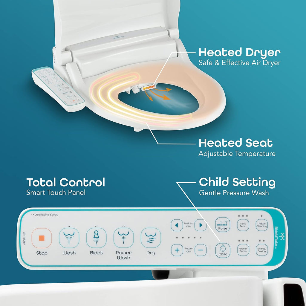 BidetMate 1000 Series Electric Smart Toilet Bidet Seat with Heated Water, Side Control Panel, and Warm Air Dryer - Self-Cleaning - Perfect for a Smart Home Kit - Round