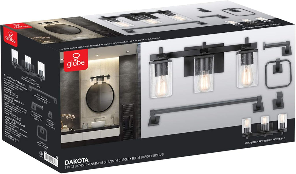 Globe Electric 51634 Dakota 5-Piece All-in-One Bathroom Set 3 Vanity Light with Seeded Glass Shades, Bar, Toilet Paper Holder, Towel Ring, Robe Hook, Matte Black
