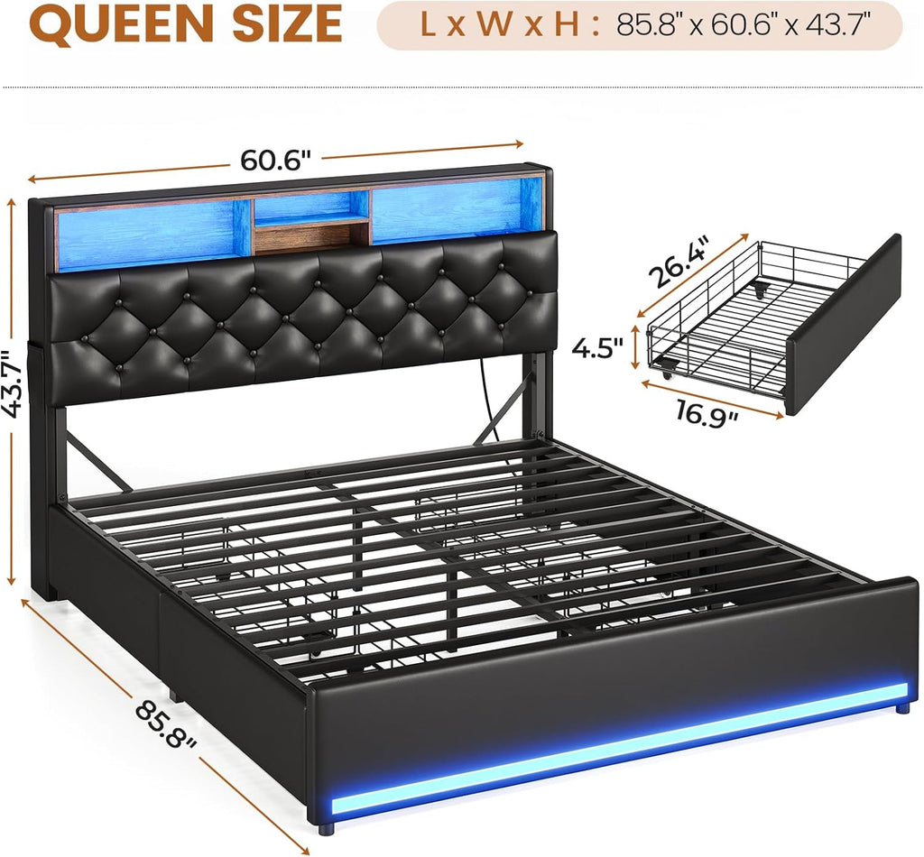 BTHFST Queen Bed Frame with 4 Drawers & Hidden Storage Headboard, LED Bed Frame Queen Size with Charging Station, Upholstered Bed with Metal Slats, No Box Spring Needed, Black PU