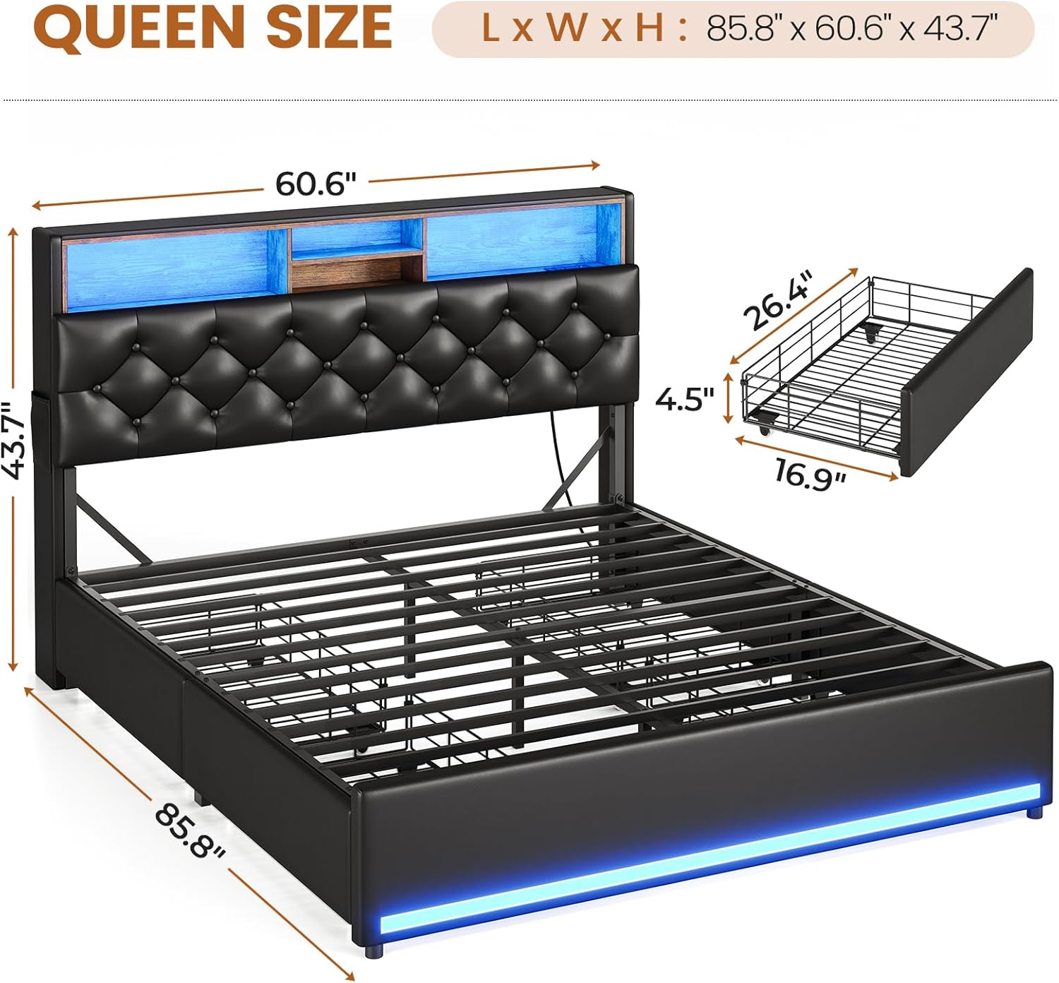 BTHFST Queen Bed Frame with 4 Drawers & Hidden Storage Headboard, LED Bed Frame Queen Size with Charging Station, Upholstered Bed with Metal Slats, No Box Spring Needed, Black PU