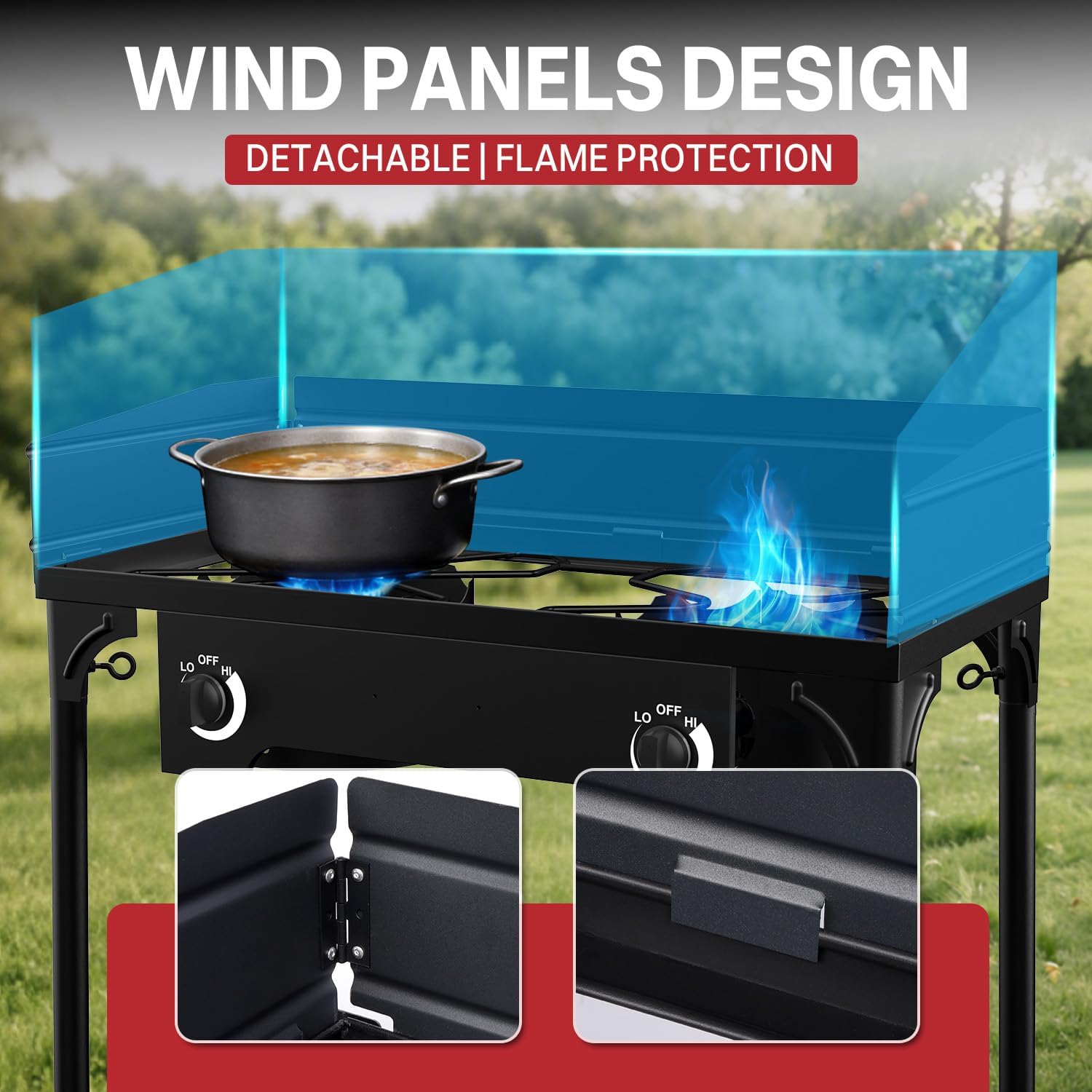2 Burner Propane Camp Stove | High Pressure 150,000 BTU Gas Burners with Windscreen | Cover | Detachable Legs | 0-20 PSI Regulator | Ideal for Camping Backyard Outdoor Cooking