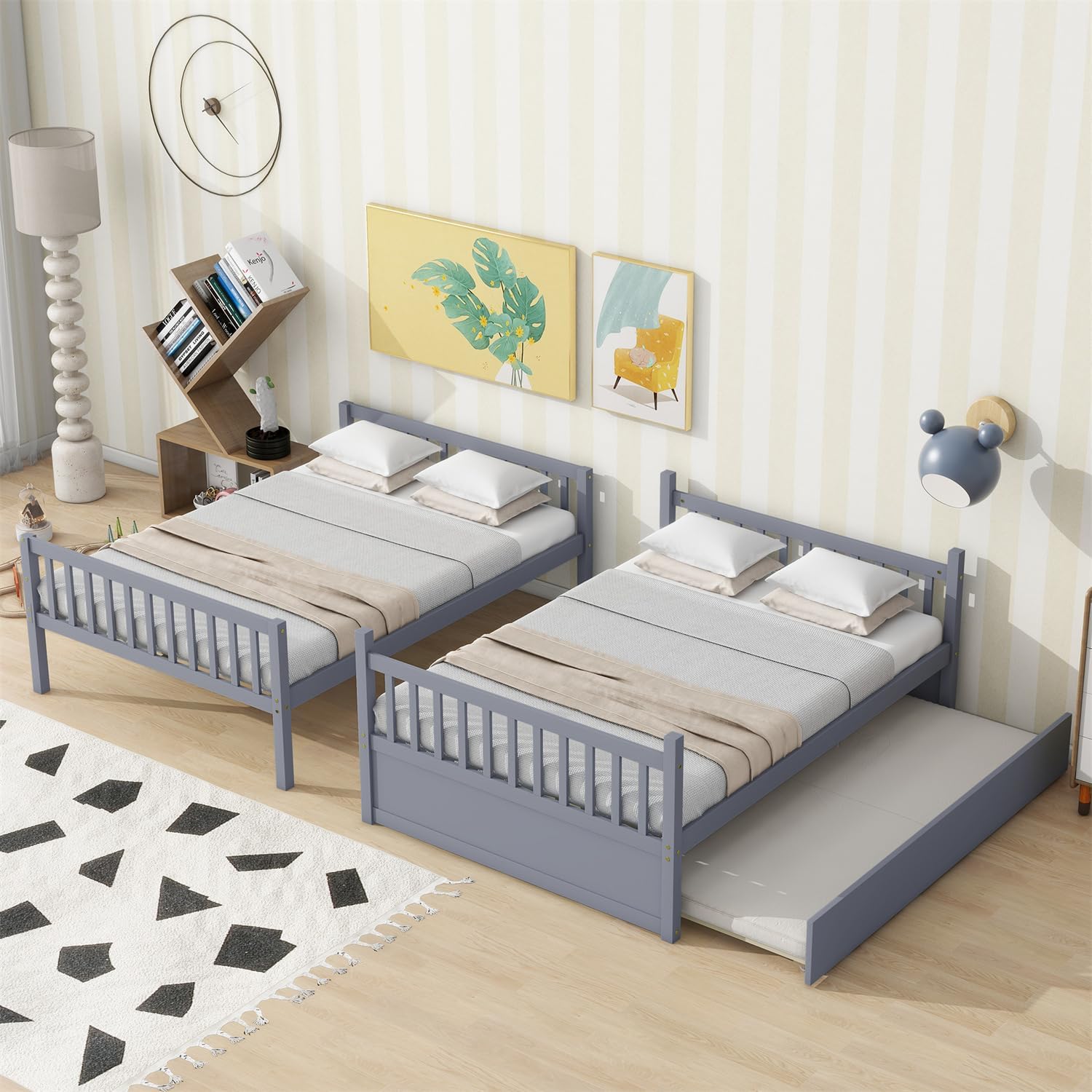 Harper & Bright Designs Full Over Full Bunk Bed with Twin Size Trundle, Separatable 2 Beds in 1, Wooden Bed Frame with Ladder, Grey