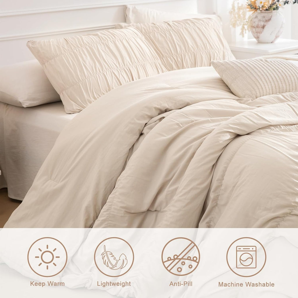 Masaca Oversized King Comforter 128'x120',Ruched Wheat Extra Large King Comforter Set,3 Pieces Lightweight Fluffy Ruffle Comforter Set Shabby Boho Chic Bedding Ultra Soft