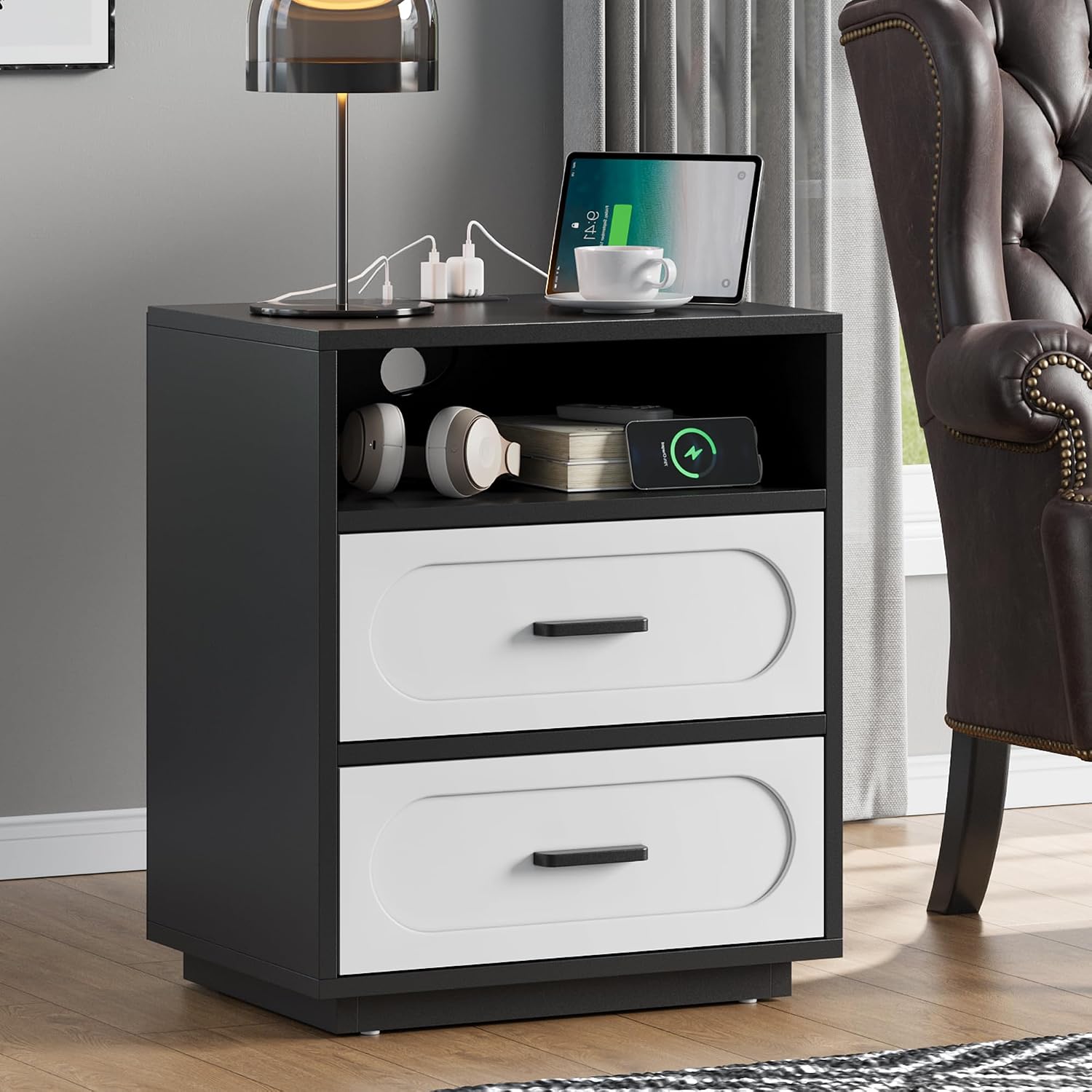 3 Pieces Bedroom Set, Queen Size Bed Frame with Storage Headboard, 2 Nightstands with Charging Station, Black
