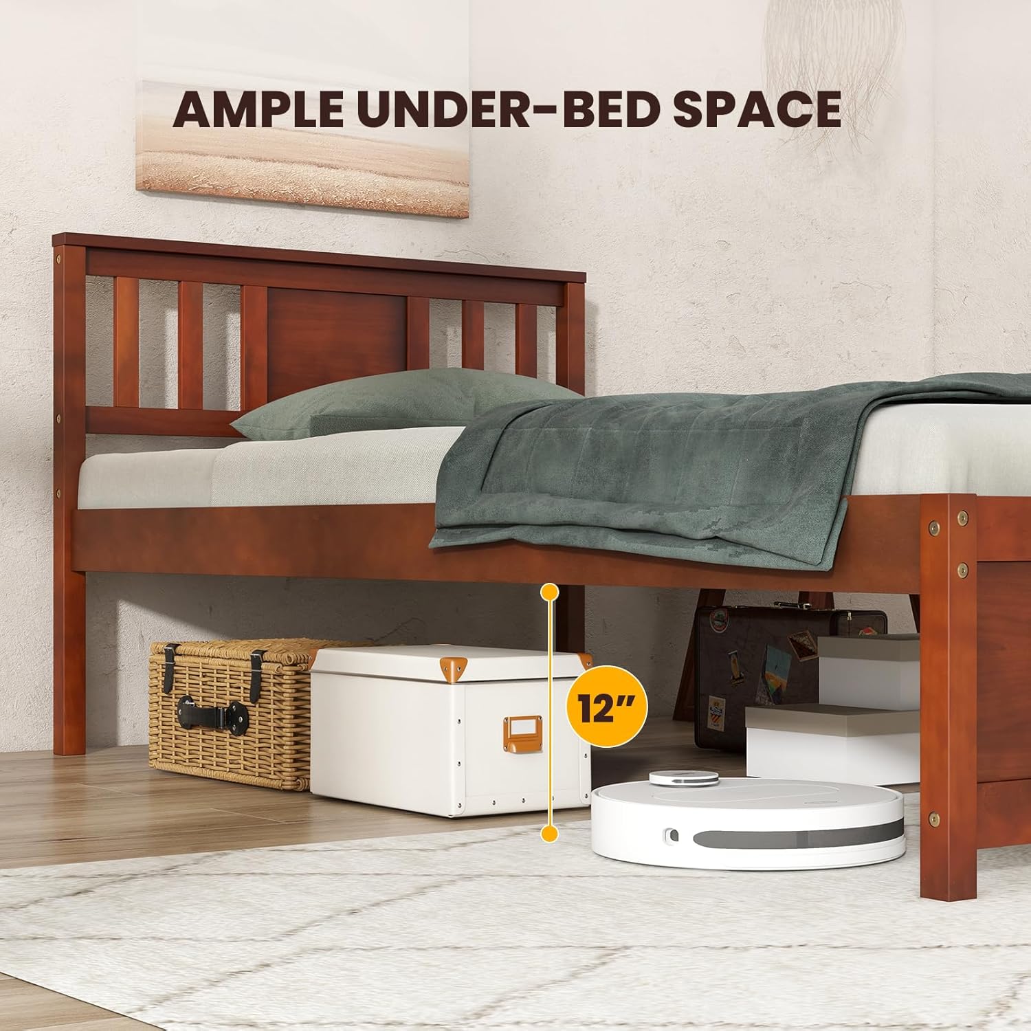 Giantex Twin Bed Frame With Headboard, Mid Century Solid Wood Platform Bed, Single Panel Bed With Slat Support, No Box Spring Needed, for Kids, Walnut