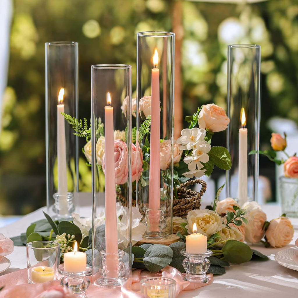 Volens Hurricane Glass Candle Holders Bulk- Set of 24 Candlestick Holders for Taper Candles with Windproof Cylinder Covers 14' Tall Clear Glass Chimney Cover for Wedding Table Centerpiece