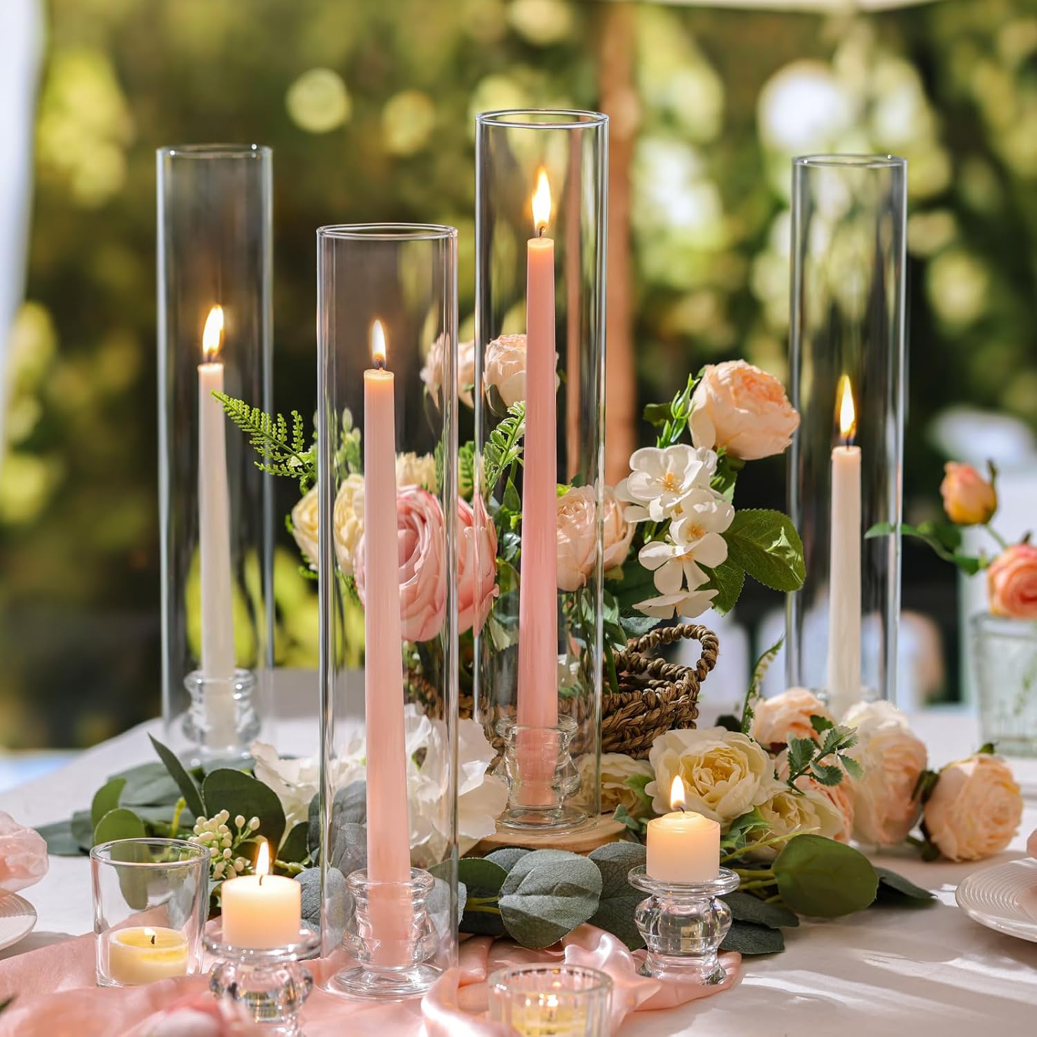 Volens Hurricane Glass Candle Holders Bulk- Set of 24 Candlestick Holders for Taper Candles with Windproof Cylinder Covers 14' Tall Clear Glass Chimney Cover for Wedding Table Centerpiece