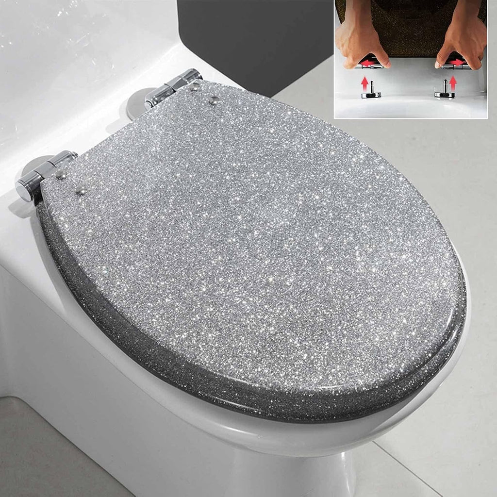 Glitter Resin Toilet Seat Elongated, Soft Close Quick Release, Easy Installation/Remove, Fit All Standard Oval-Shape (Silver)