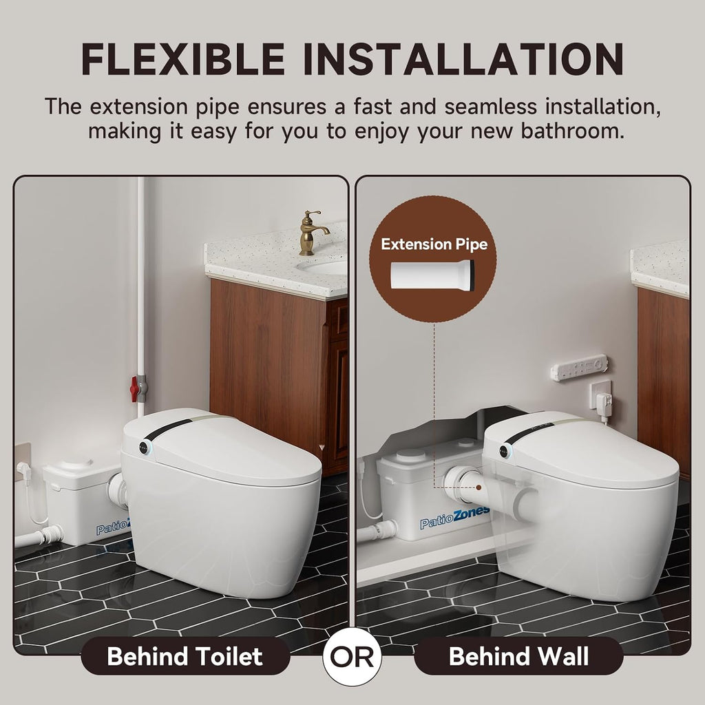 Smart Toilet with 750PRO Macerator Pump for Basement Upflush Macerating System, Tankless Bidet Toilet with Heated Dryer Warm Water, Remote Control, 3 Inlets Grinder Pump for Waste Water Disposal