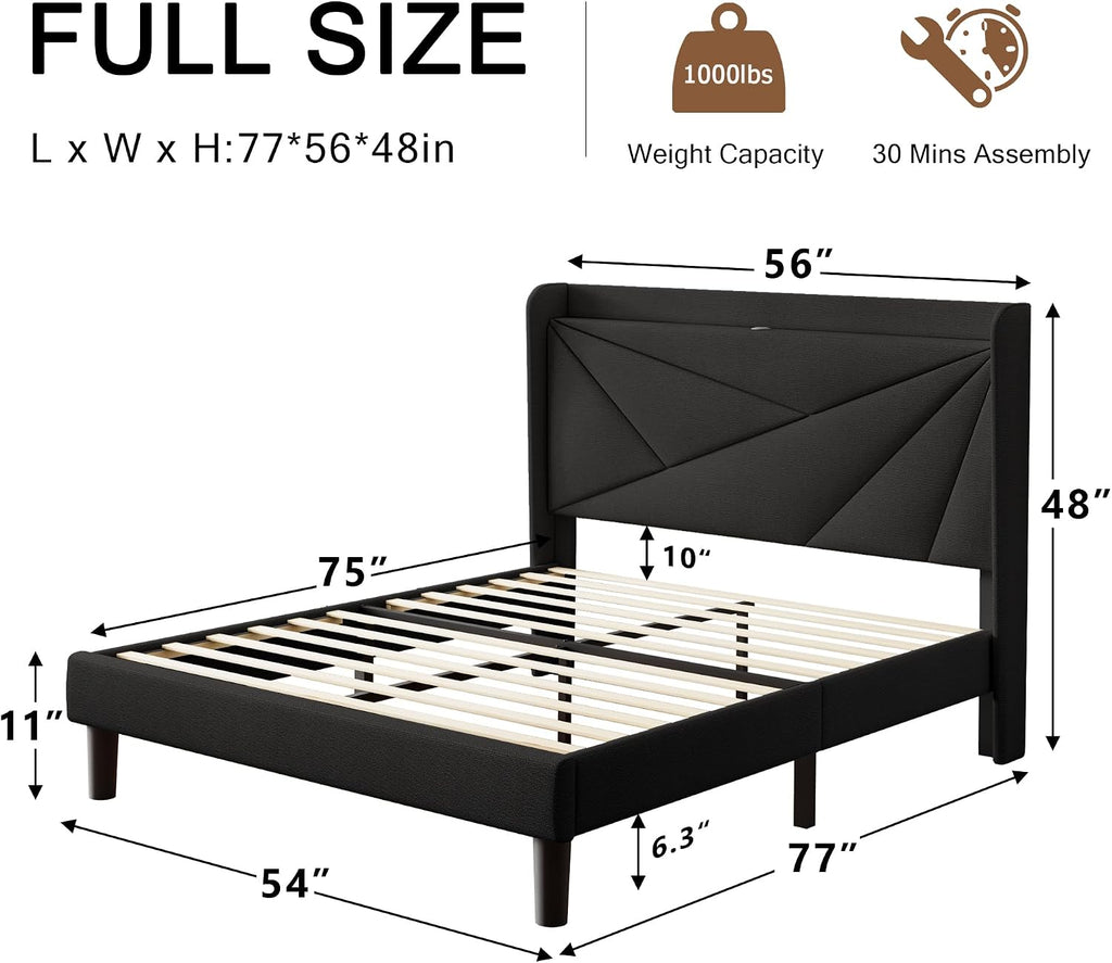 Einhomn Full Size Upholstered Bed Frame with Charging Station, Platform Bed Frame with Storage Headboard, Solid Wood Slats Support, No Box Spring Needed,Black