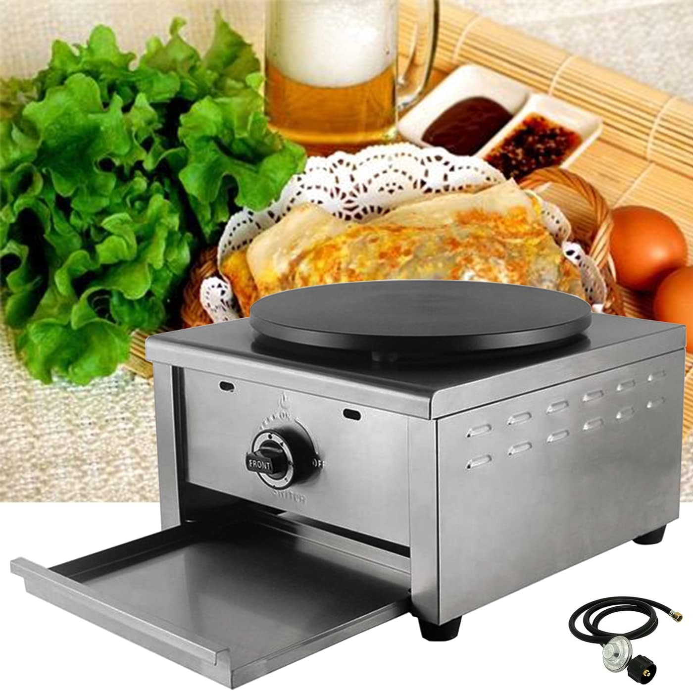 16''Commercial Gas Crepe Makers Machine LPG Gas Pancake Machine Griddle Maker Machine with Low Pressure Valve for Blintzes, Eggs, Tortilla