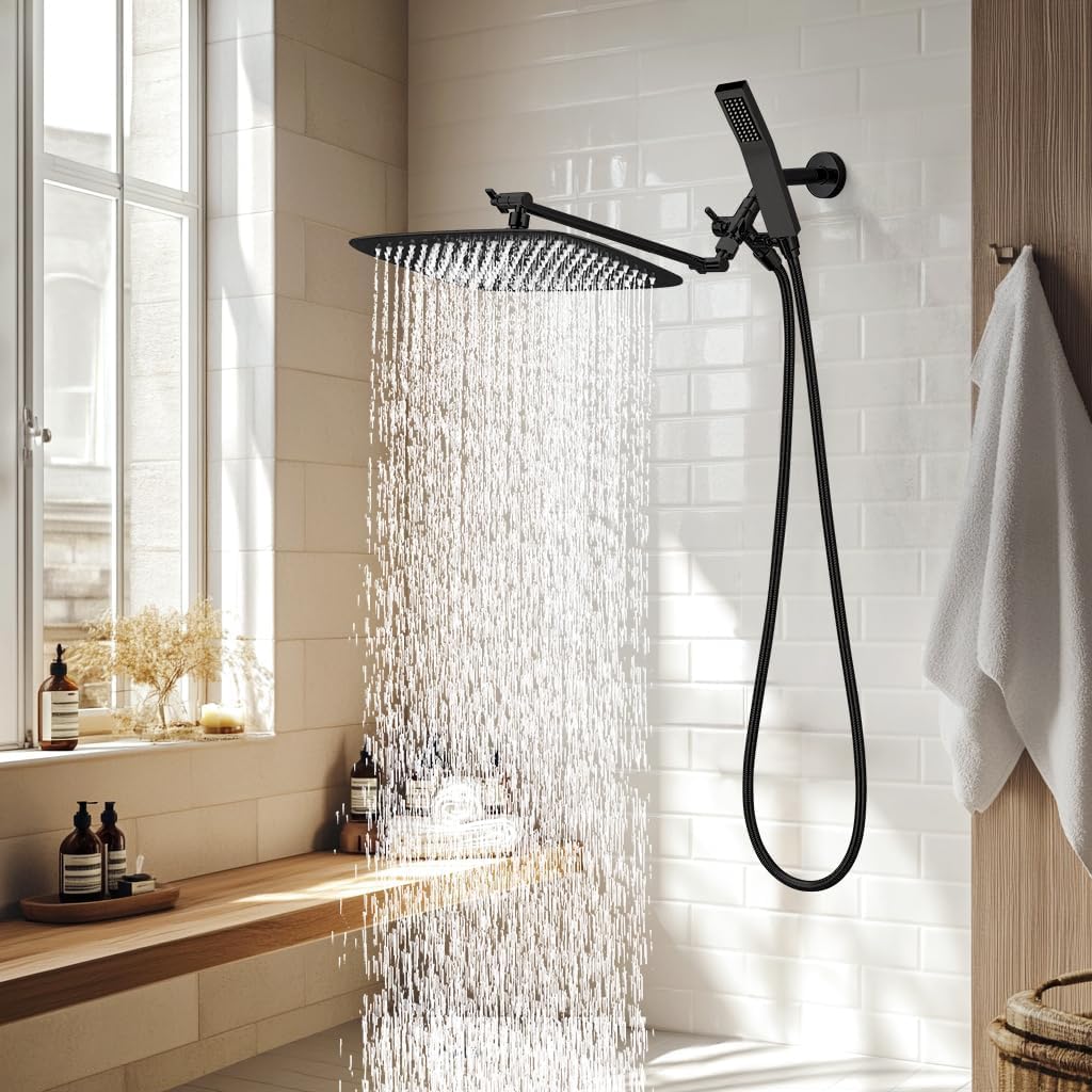 G-Promise All Metal 14 Inch Dual Square Shower Head with Handheld Spray Combo, Rain Shower Head, Adjustable Extension Arm, 3-Way Diverter, 71 Inch Extra Long Hose - A Bathroom Upgrade (Matte Black)