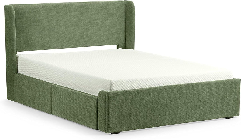 Max & Lily Upholstered Full Bed Frame with Rectangular Headboard and Two Storage Drawers, Upholstered Platform Bed for Kids, No Box Spring Needed, Easy Assembly, Green