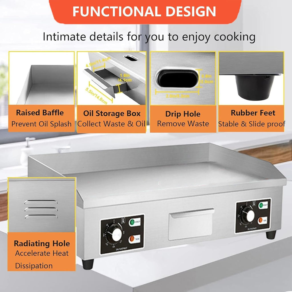 Electric Griddle, Commercial Flat Top Grill, Stainless Steel Steak Bacon Fryer, Countertop Burger Bacon Grill Plate Pancake Maker, with 3 Cleaning Shovels & 3 C，4400W