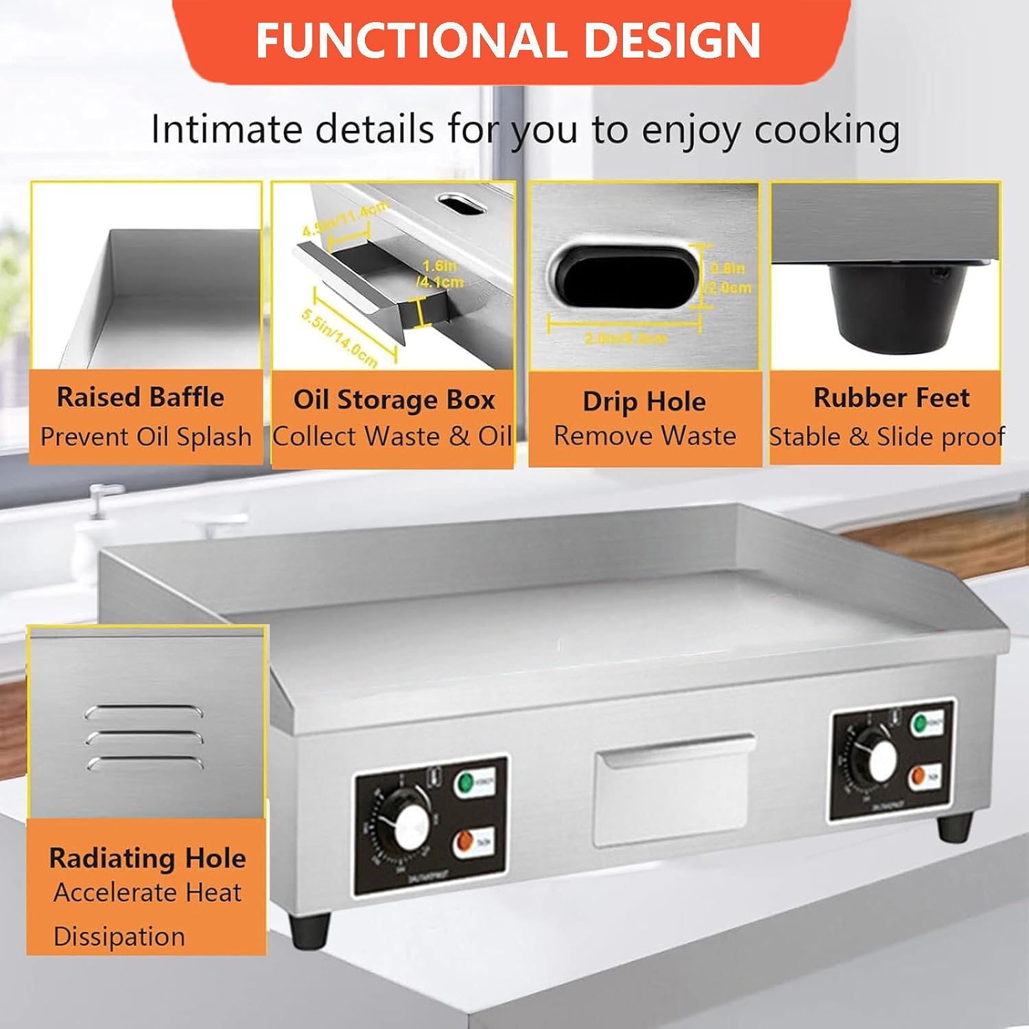 Commercial Electric Griddle & Countertop Flat Top Griddle & Stainless Steel Steak Bacon Fryer with Temperature Control Knob, 8mm Cooking Thick, 660 * 400mm/730 * 40，3500W