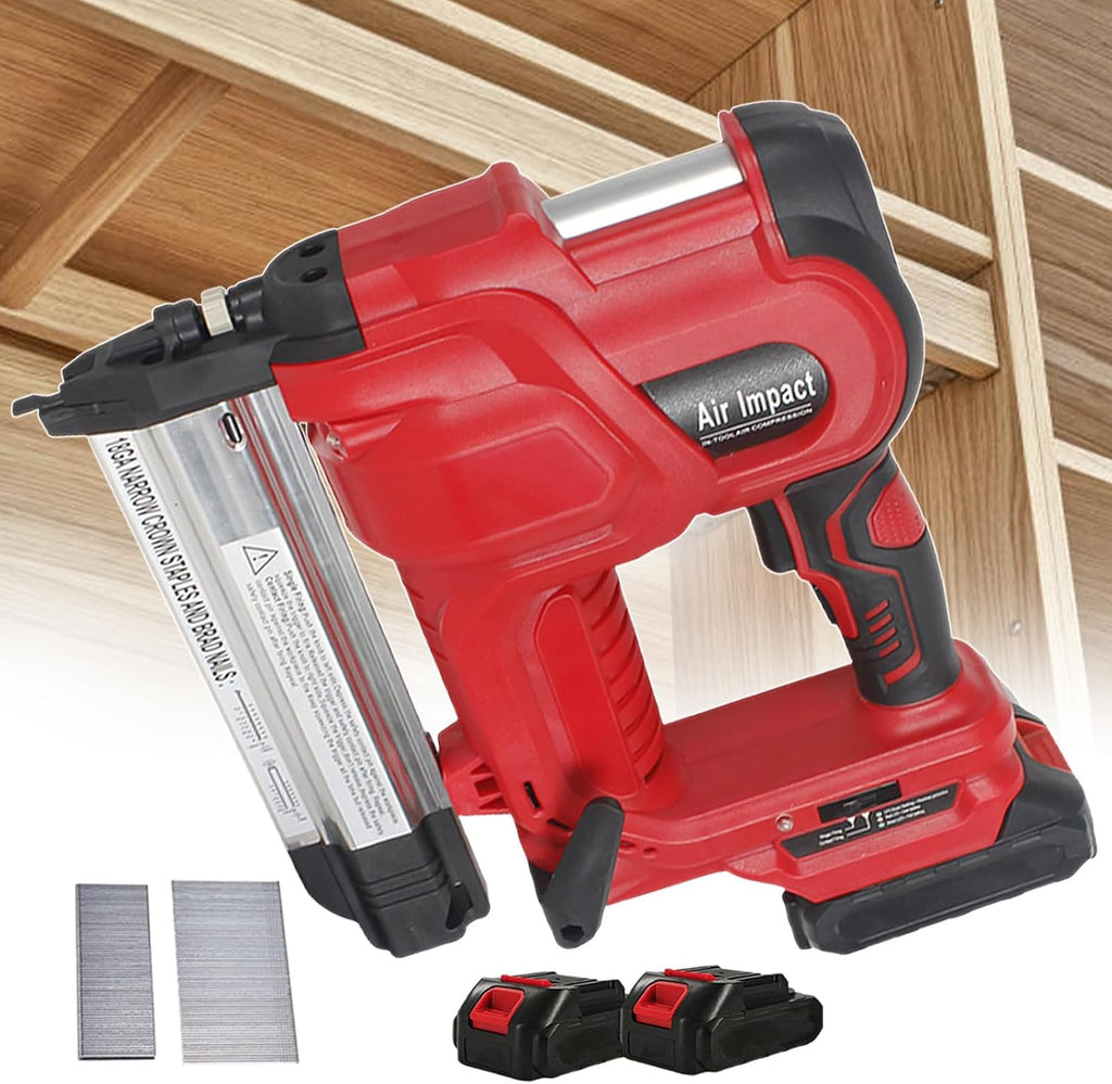 Cordless Brad Nailer, Punch Framing Nailer, for 32 Mm Staples & 50 Mm Straight Nails, Nailing Machine for Wood, with Auxiliary Lighting, for Tacking Cardboard, Fabric, Leather Red