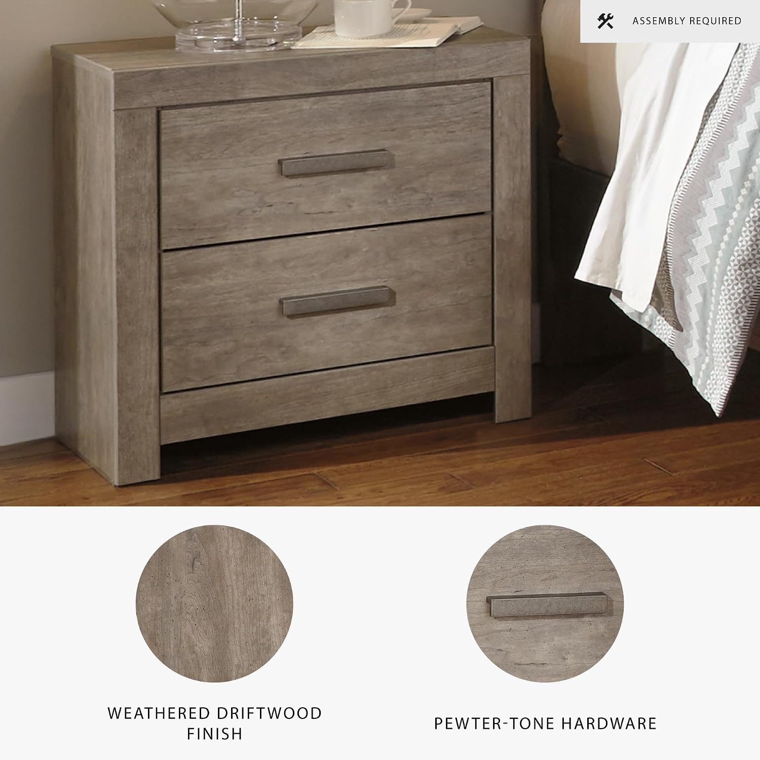 Signature Design by Ashley Culverbach Modern 2 Drawer Nightstand with 2 USB Charging Stations, 24.37' Tall, Weathered Gray