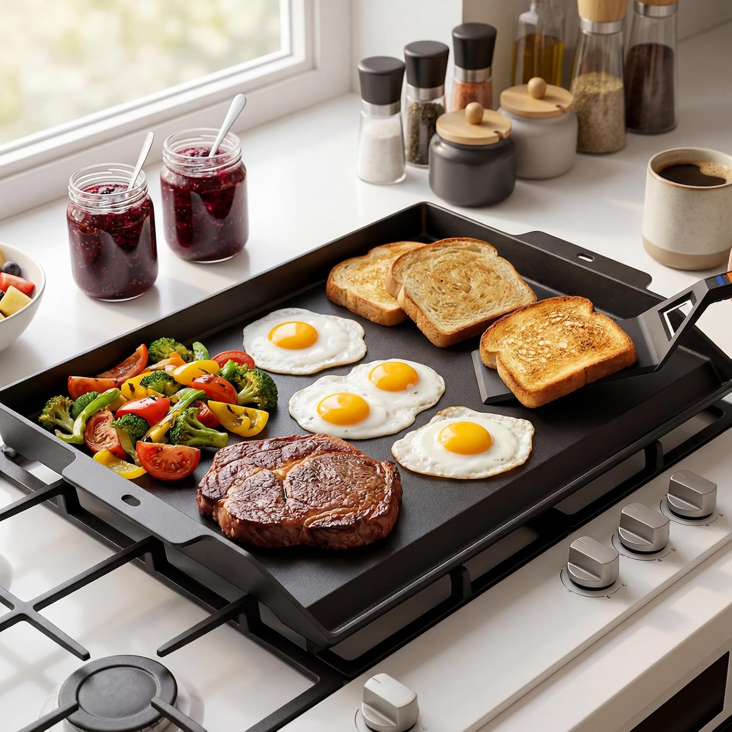 Utheer Griddle Kit, 25' x 16' Pre-Seasoned Cast Iron Flat Top Griddle with 5-Piece Scratch-Free Nonstick Safe Nylon Tools, Universal Grill Griddle for Gas Grill & Stove Top, BBQ, Camping and Cooking