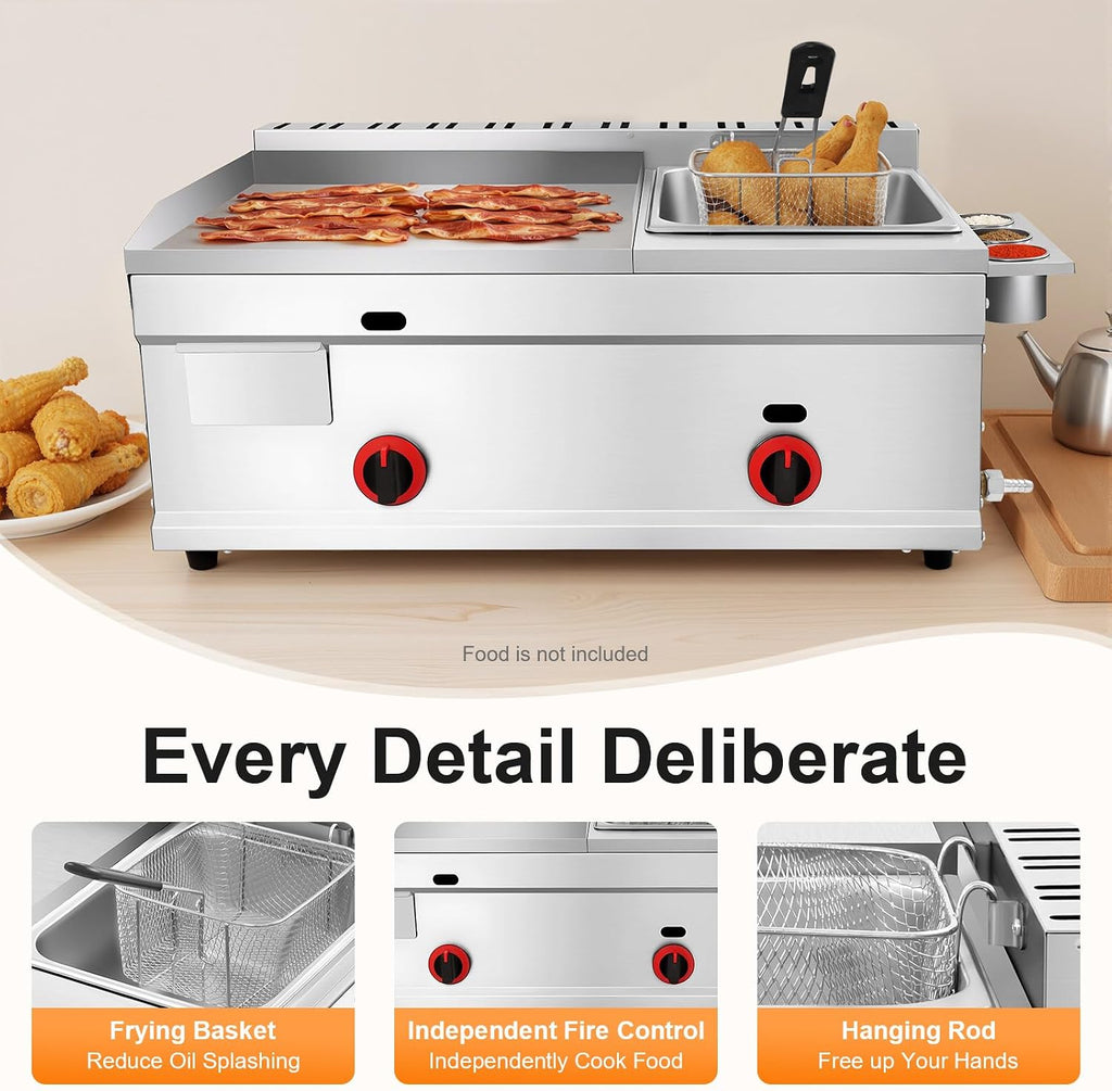 Stainless Steel Countertop Deep Fryer, 6L Commercial Propane Griddle Deep Fryer Combo Grill Food Cart with Removable Basket & 122-716℉ Temperature Control for Restaurant and Home Use