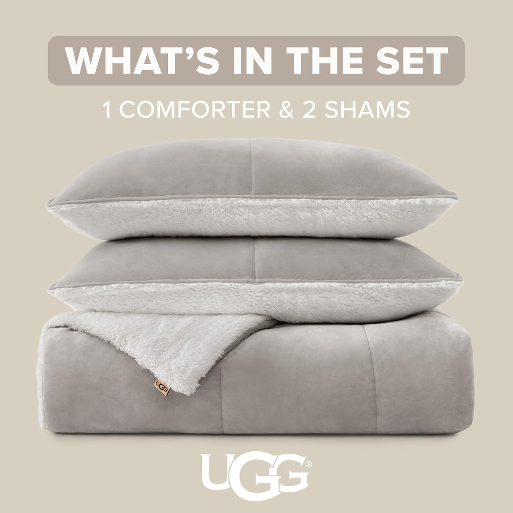 UGG Blissful Comforter Set with 2 Pillow Shams, Warm Winter Bedding, Fluffy Reversible Down Alternative Bedding, King/California King Size Comforter Set, Seal Grey