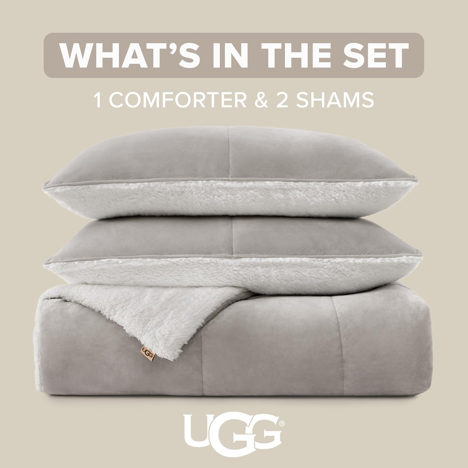 UGG Blissful Comforter Set with 2 Pillow Shams, Warm Winter Bedding, Fluffy Reversible Down Alternative Bedding, King/California King Size Comforter Set, Seal Grey