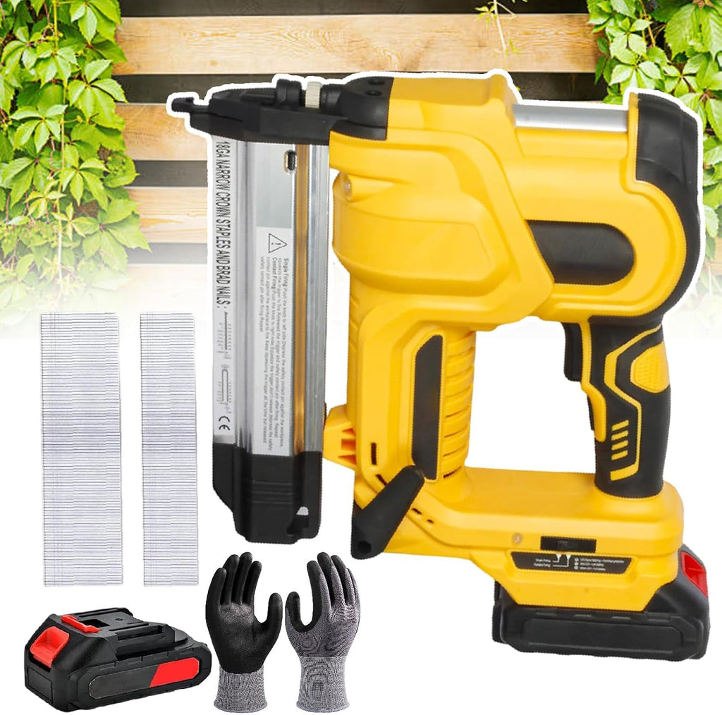 Brad Nailer Cordless Stapler for DIY Project of Upholstery, 2 in 1 Electric Nail Gun/Staple Gun with 18ga Nails/Staples, Gloves&1 Battery, Can Be Driven Single Or Continuously,Yellow