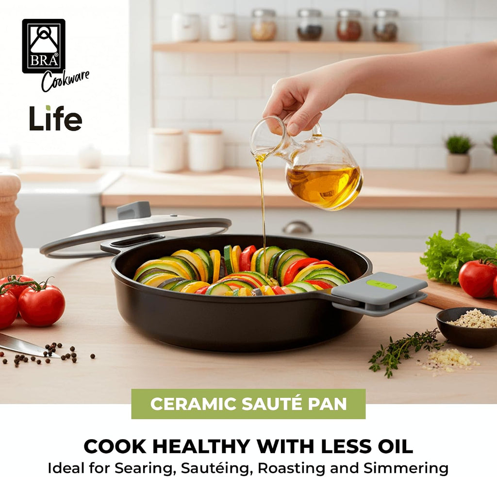 BRA COOKWARE Life Ceramic Nonstick Sauté Pan w/Glass Lid | 12.6 Inch 4.79 Quart Recycled Aluminum Deep Pan | Dual-Handle Braiser | Ceramic Non-Stick Coating | PFOA Free | All Cooktops & Oven Safe