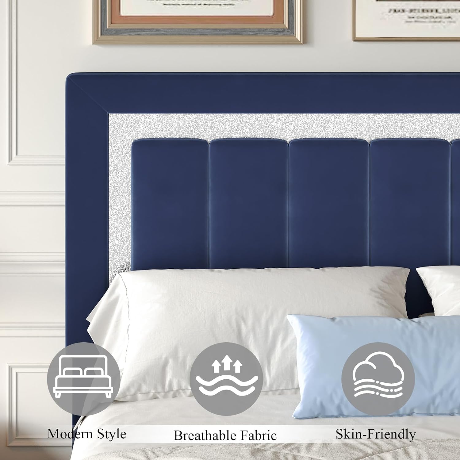 HOMBCK Full Size Bed Frame with Upholstered Headboard and Footboard, Full Size Upholstered Bed Frame with Diamond Design, No Box Spring Needed, Easy Assembly, Blue