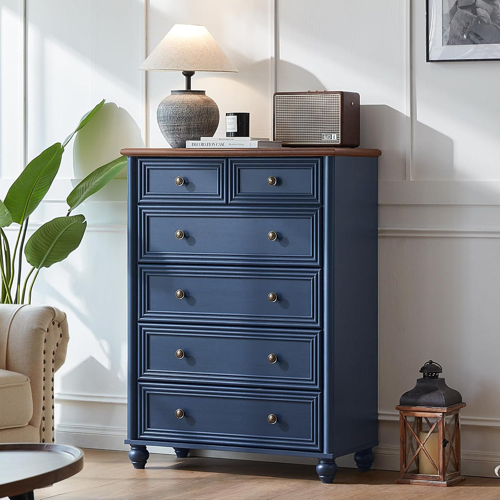 RWYHG Farmhouse Dresser and Nightstand Sets 4 Piece, Wooden 6 Drawers Dresser & 43.5' Tall Chest of Drawers, 18' Roman Column Nightstand Set of 2, Furniture Dressers for Bedroom, Living Room