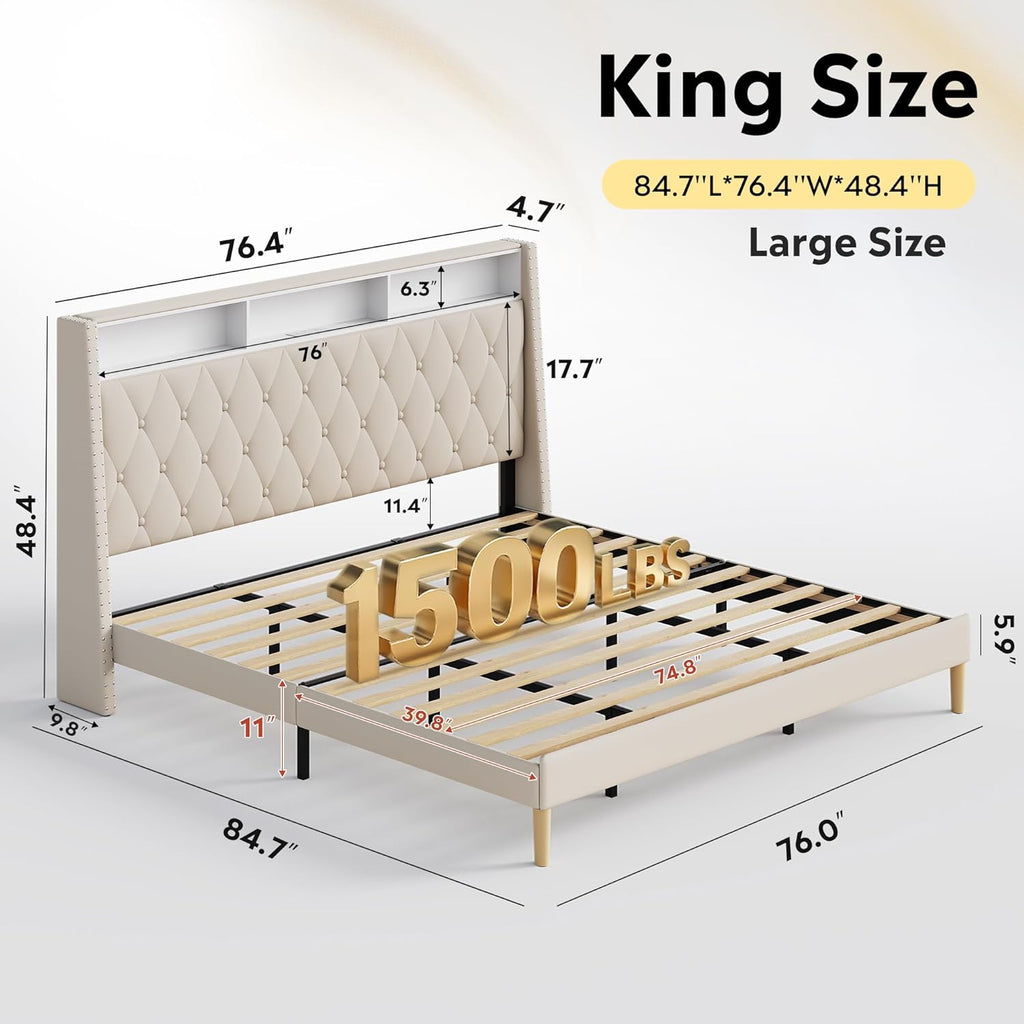 WLIVE King Size Upholstered Bed Frame with 48'' Tall Wingback Headboard, Velvet Square Tufted Platform Beds with Charging Station, Sturdy Metal & Wooden Slats Support, Beige