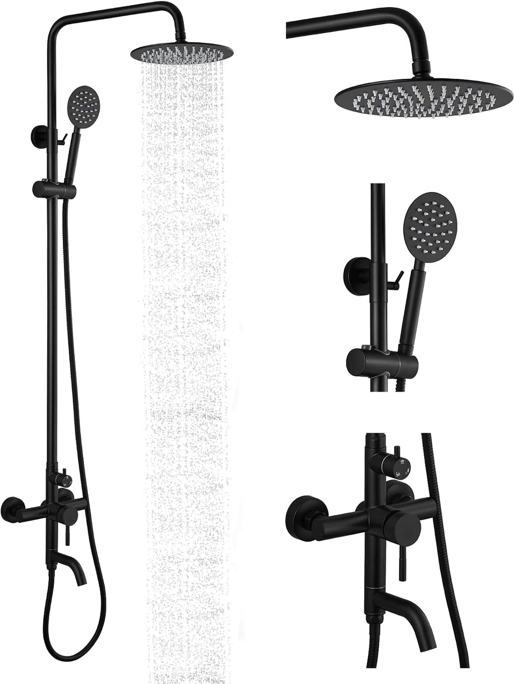 gotonovo Shower faucet Set Matte Black Triple Function with Adjustable Hand Sprayer and Tub Spout SUS 304 Stainless Steel 8 Inch Rainfall Shower Head Bathroom Shower Fixture Wall Mount Complete Set