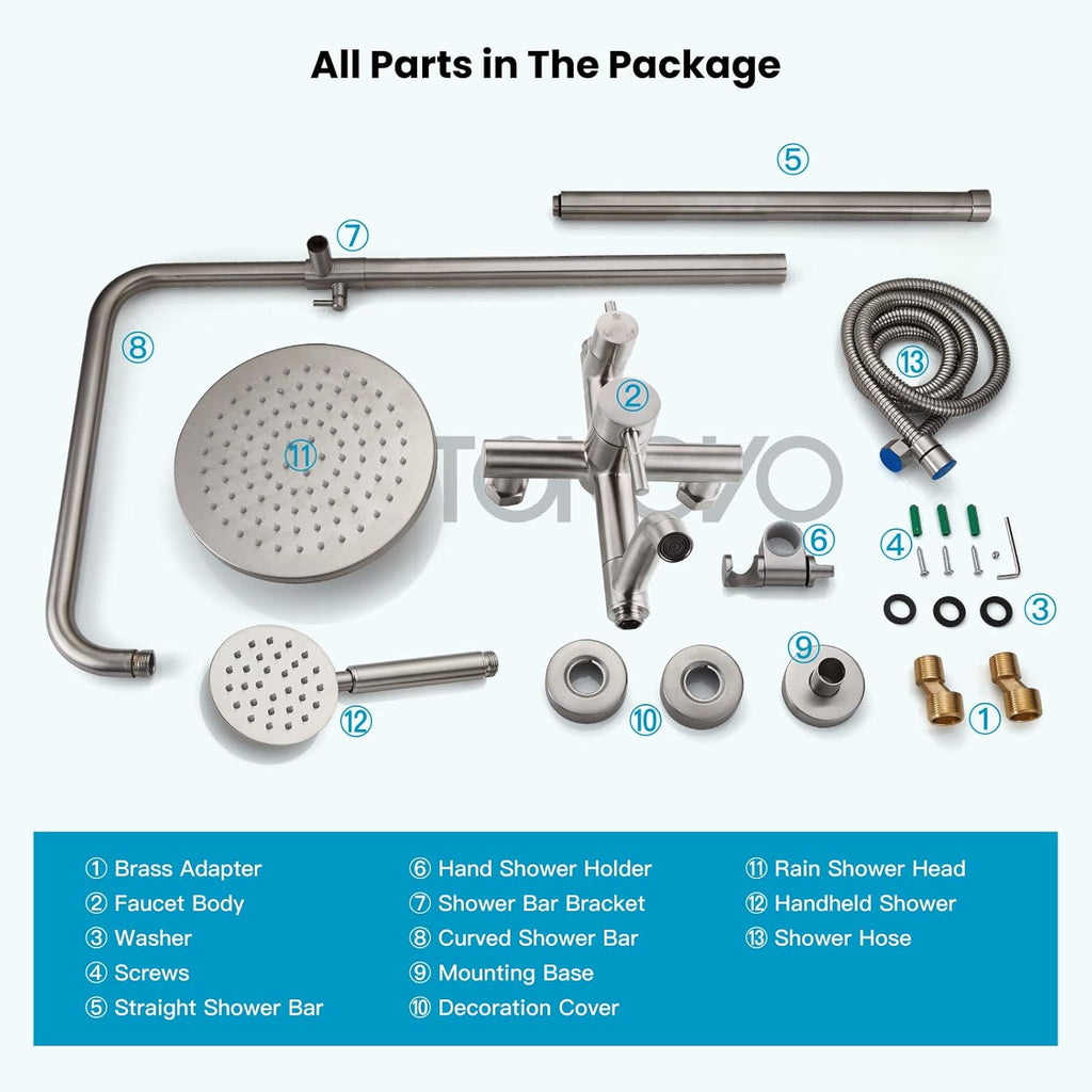 gotonovo Stainless Steel SUS304 Silver Shower faucet Set Wall Mount Triple Function Shower System 8 inches Shower Head Bathroom Adjustable Hand Spray Rainfall Brushed Nickel Shower Faucet Complete Set